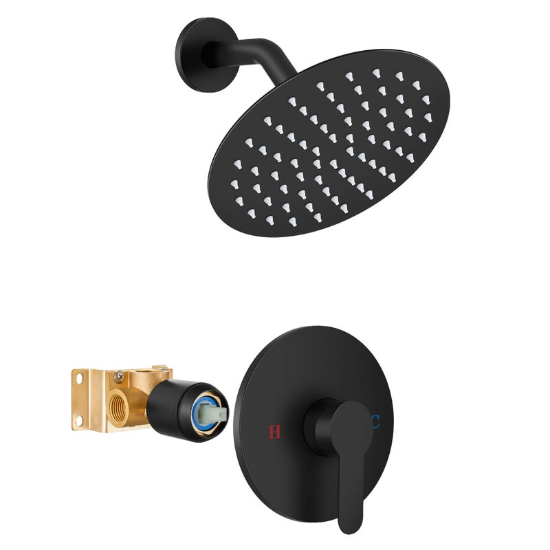 Airuida Shower Faucet Set,8 Inch Round Rainfall Shower Head,SUS304 Stainless Steel Single Handle Shower Trim Kit,Wall Mount Bathroom System with Female Threads Valve Matte Black - Image 1